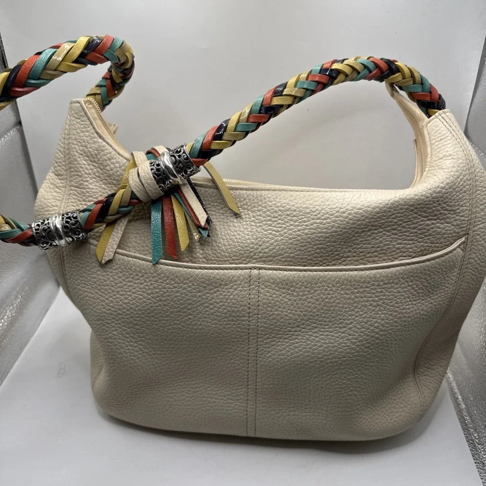 Brighton Ivory Pebbled Leather Hobo Shoulder Bag Multicolor Braided Strap...